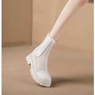 GG。香港夏季马丁靴女款透气增高黑色网靴小个子厚底夏天镂空短靴