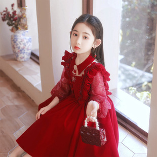 儿童礼服公主裙2023夏洋气女童长袖蓬蓬纱红色花童婚礼小女孩礼服