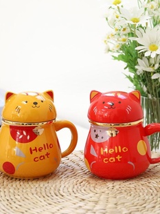 促创意可爱猫咪陶瓷杯把手带盖带茶漏商务办公泡茶杯子学生礼品品