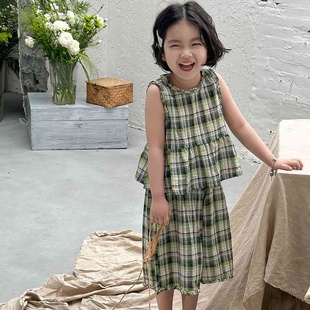 韩版童装2024女宝棉布2件套110夏季新款女童无袖七分裤格子套装潮