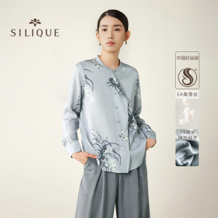 SILIQUE2024春夏新款真丝衬衫中式复古国风上衣印花桑蚕丝衬衣女