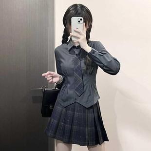 JK制服衬衫女短袖夏季修身白色衬衣学院风辣妹套装韩式收腰灰上衣