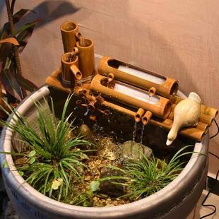 陶瓷鱼缸竹子流水过滤器循环摆件石槽圆缸增氧喷泉风水轮水车造景