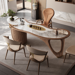 实木茶桌现代简约高级感茶台办公室泡茶一体新中式弧形岩板茶台桌