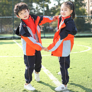 冬季儿童登山户外三合一冲锋衣红色小学生校服幼儿园园服班服套装