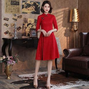 红色秋季新款旗袍短款小个子美女连衣裙大摆长袖蕾丝黑色显瘦简约