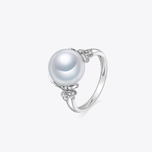 MELUXE白18K金南洋澳白珍珠戒指单珠蝴蝶钻石真钻纯银珍珠戒指