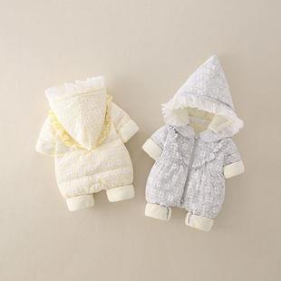 婴儿连体羽绒服冬季90白鸭绒一岁女宝宝衣服加厚加绒保暖外出哈衣