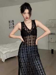 小众设计感高级感时尚黑色连衣裙女2024春夏新款独特性感蕾丝辣妹