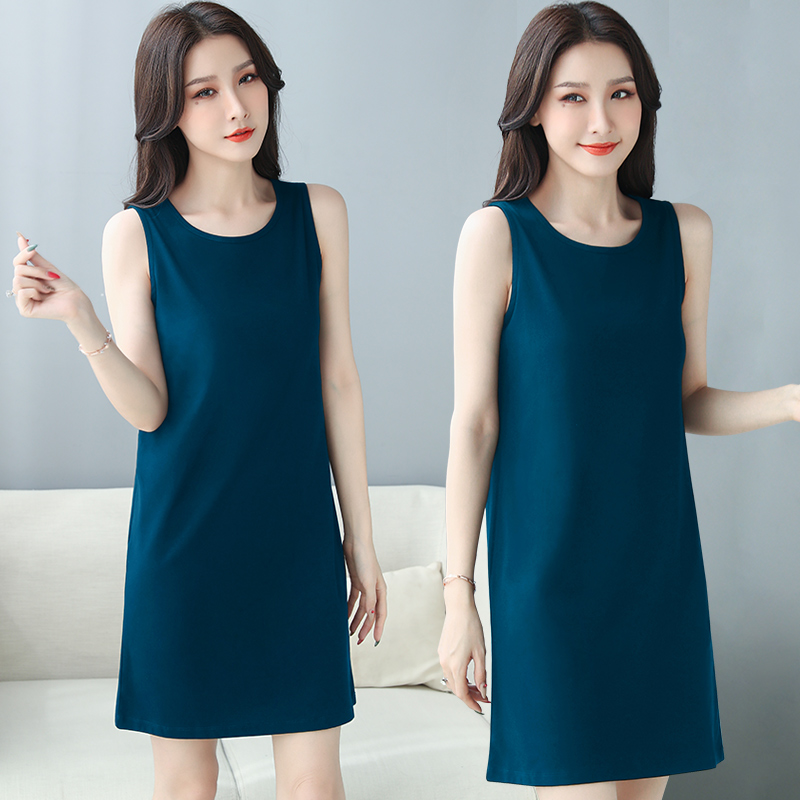 蓝色气质直筒连衣裙女春夏新款中长款微胖显瘦小个子无袖背心裙
