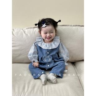 2024春装韩版婴儿套装牛仔背带裤女宝宝洋气格子打底衫两件套外出