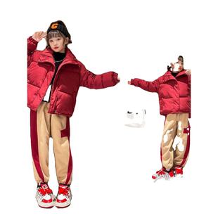 法国MXAG红色休闲运动套装女童2024款保暖棉服外套加绒卫