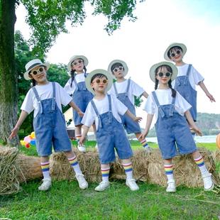 幼儿园毕业季拍照服装小学生写真服夏季牛仔背带裤六一儿童演出服