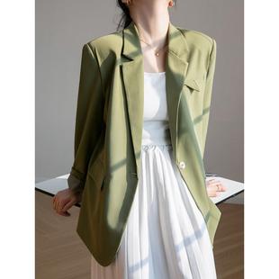 安如绿色西装外套女春秋2023新款高级感韩版英伦风宽松小个子西服