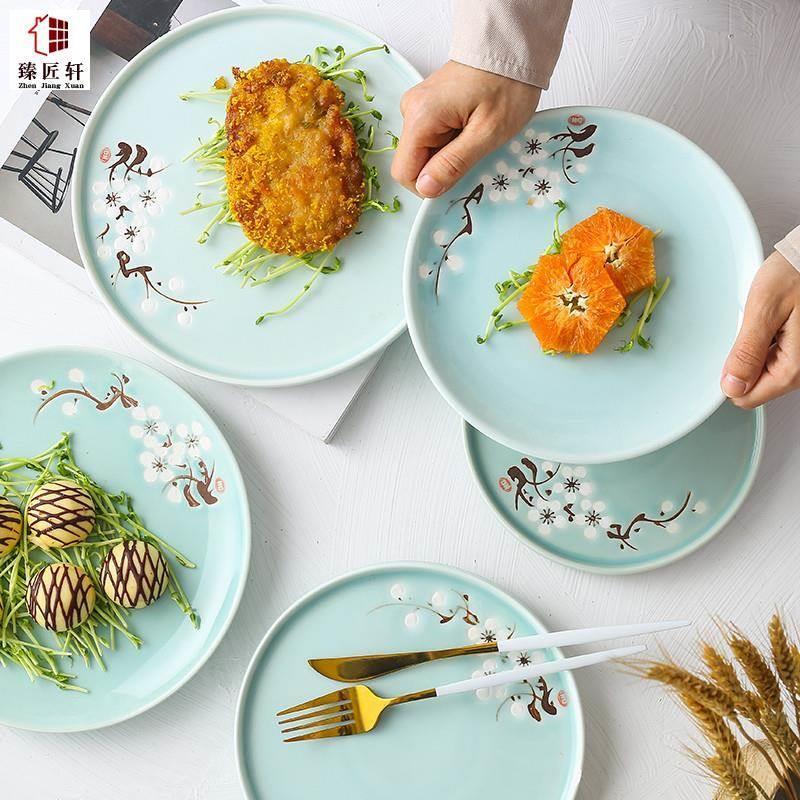 食之器新中式陶瓷手绘梅花汤盘西餐盘家用牛排盘圆形碟子早餐盘