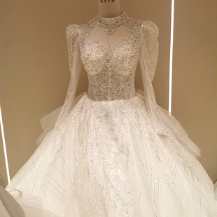 法式主婚纱2024新娘新款长袖小个子复古高领高级质感公主重工拖尾
