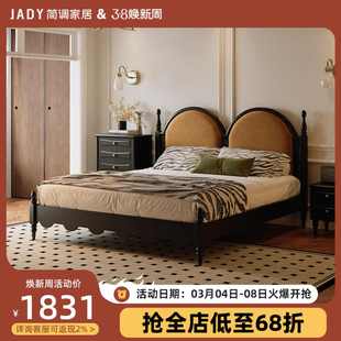 法式复古软包床中古风黑色现代简约实木床1米8美式双人主卧大床