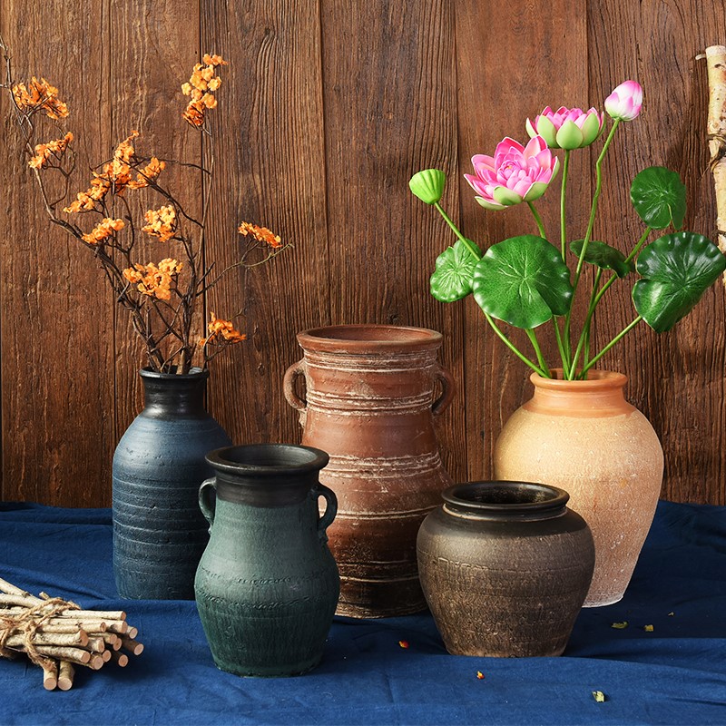 仿古土陶罐小花瓶做旧粗陶花插陶罐家居桌面手工复古干花器摆