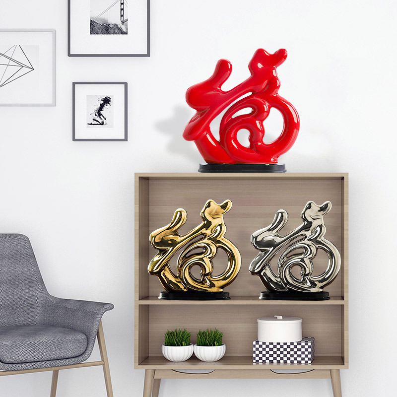 现代简约红福陶瓷摆件家居创意客厅电视柜酒柜装饰品摆件工艺品
