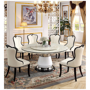 家用大理石圆形餐桌椅组合黑白色简约现代轻奢带转盘饭桌别墅圆桌
