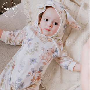 Mon Bouton婴儿连体衣新生儿四季通用长绒纯棉衣服婴幼儿满月爬服
