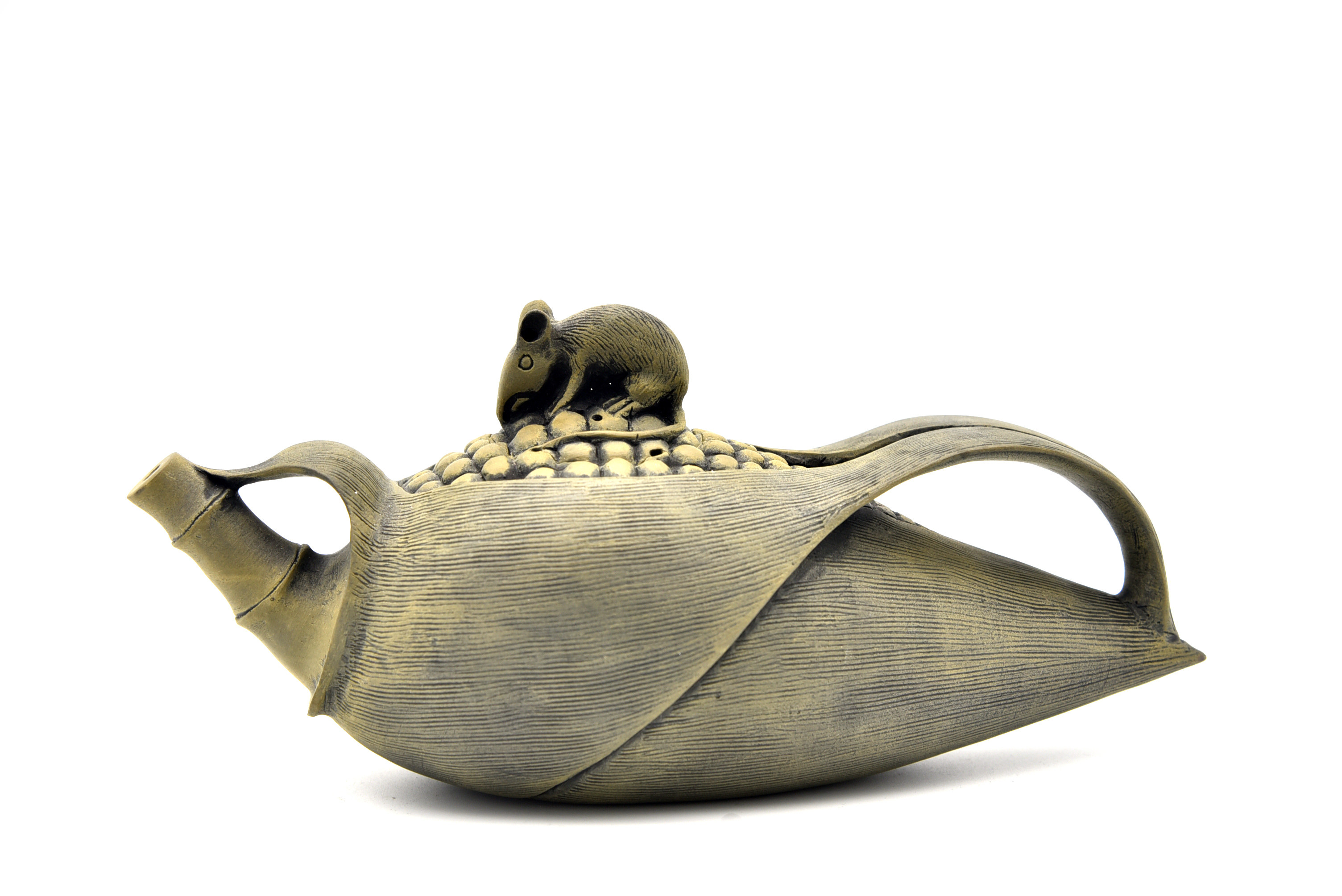 澄泥石雕瑞鼠丰年茶壶