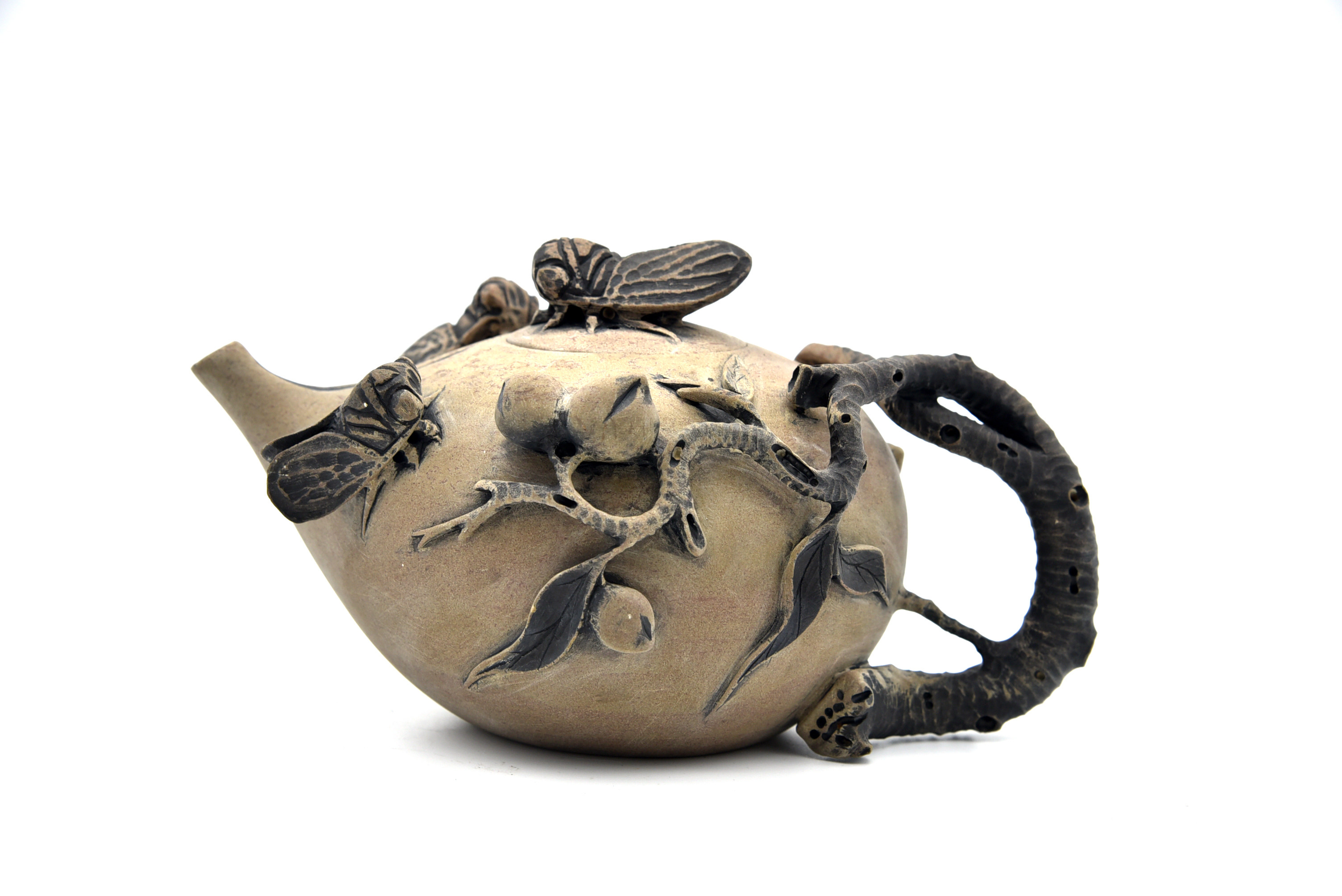 藏书澄泥石雕寿桃玉蝉茶壶