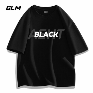 GLM夏季新款黑色短袖t恤男生重磅纯棉学生宽松印花圆领潮流半袖男