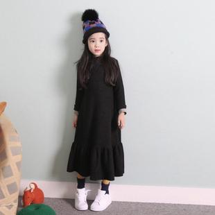 韩版春秋冬季新款童装中大童女童不倒绒长袖连衣裙长款亲子装打底