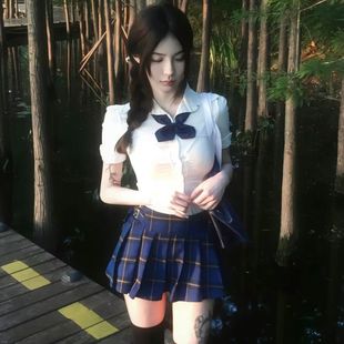 JK制服蝴蝶结短袖衬衫女辣妹纯欲风学生上衣百褶半身裙子两件套装