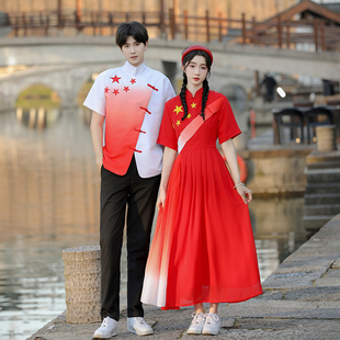 夏季初中生红歌朗诵演出服舞台合唱比赛红色连衣裙中国风班服套装