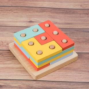 早教蒙氏木质积木七巧板四件套儿童几何教具智力玩具形状配对板