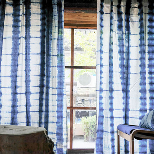 竹影 定制蓝染植物扎染新中式日式和风纯棉遮光窗帘布料卧室客厅