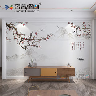 电视背景墙壁纸壁布现代简约新中式花鸟墙纸客厅装饰壁画影视墙布