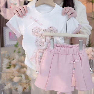 巴拉巴柆韩系女童夏装套装2024新款中大童新中式短款上衣时尚裙裤