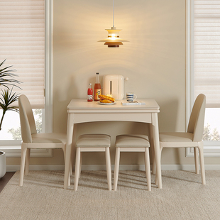 实木岩板餐桌奶油风小户型家用法式轻奢现代简约可折叠伸缩饭桌子