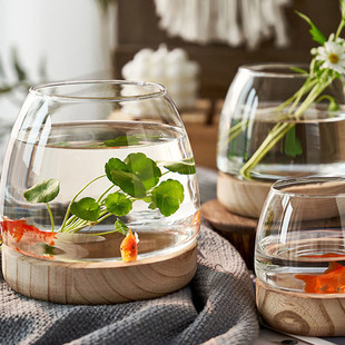 透明超白鱼缸玻璃缸桌面创意圆形小鱼缸客厅小型金鱼缸实木底座