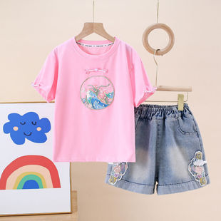 巴拉巴柆韩系女童夏季短袖套装2024新款洋气新中式中大童国风T恤