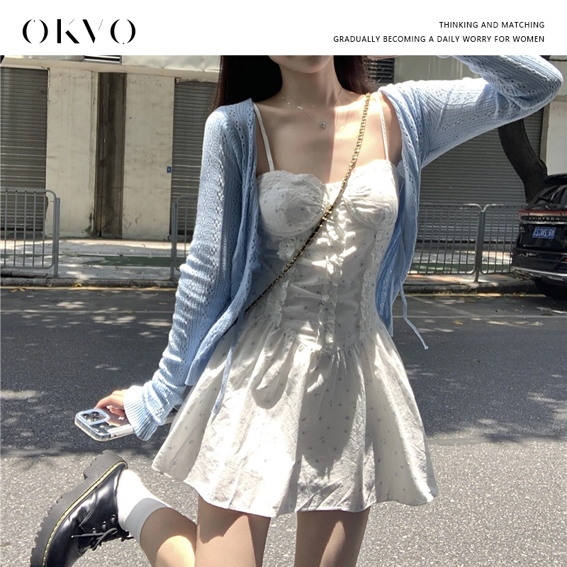 OKVO 韩系小清新碎花吊带连衣裙+针织防晒开衫