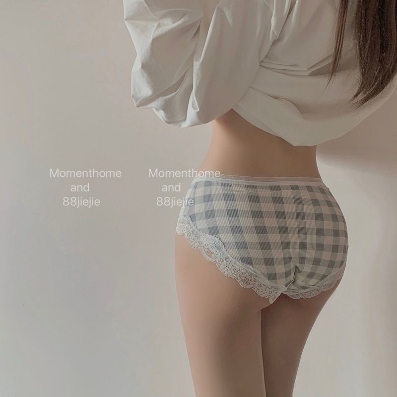 网红Check pattern sweet underwear women's pure cotton lace e