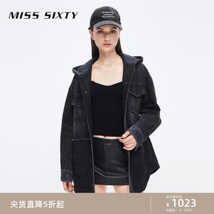 Miss Sixty时尚夹棉外套女牛仔拼接连帽宽松保暖设计感