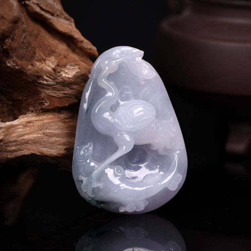 冰糯种翡翠厚桩春带彩仙鹤设计大吊坠 52.5g