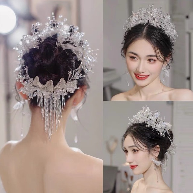 新娘结婚头饰套装亮晶晶发箍发饰后脑区婚纱照造型盘发发夹重手工