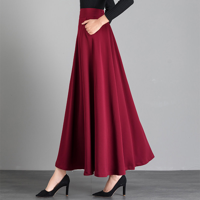 酒红色半身裙秋冬女高腰显瘦遮胯百搭垂感百褶裙长裙a字大摆伞裙