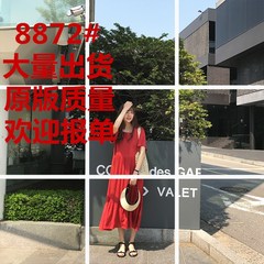 馨帮帮自制短袖棉麻温柔风中长款宽松方领港味复古红色连衣裙女夏