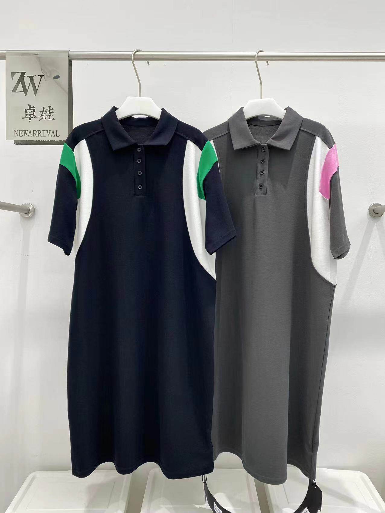 zw卓娃韩版2022夏季拼色polo衫连衣裙女字母宽松小众短袖休闲裙长
