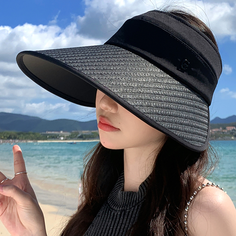 新款空顶帽女夏季遮阳帽骑车大檐显脸小太阳帽海边沙滩防晒帽子潮