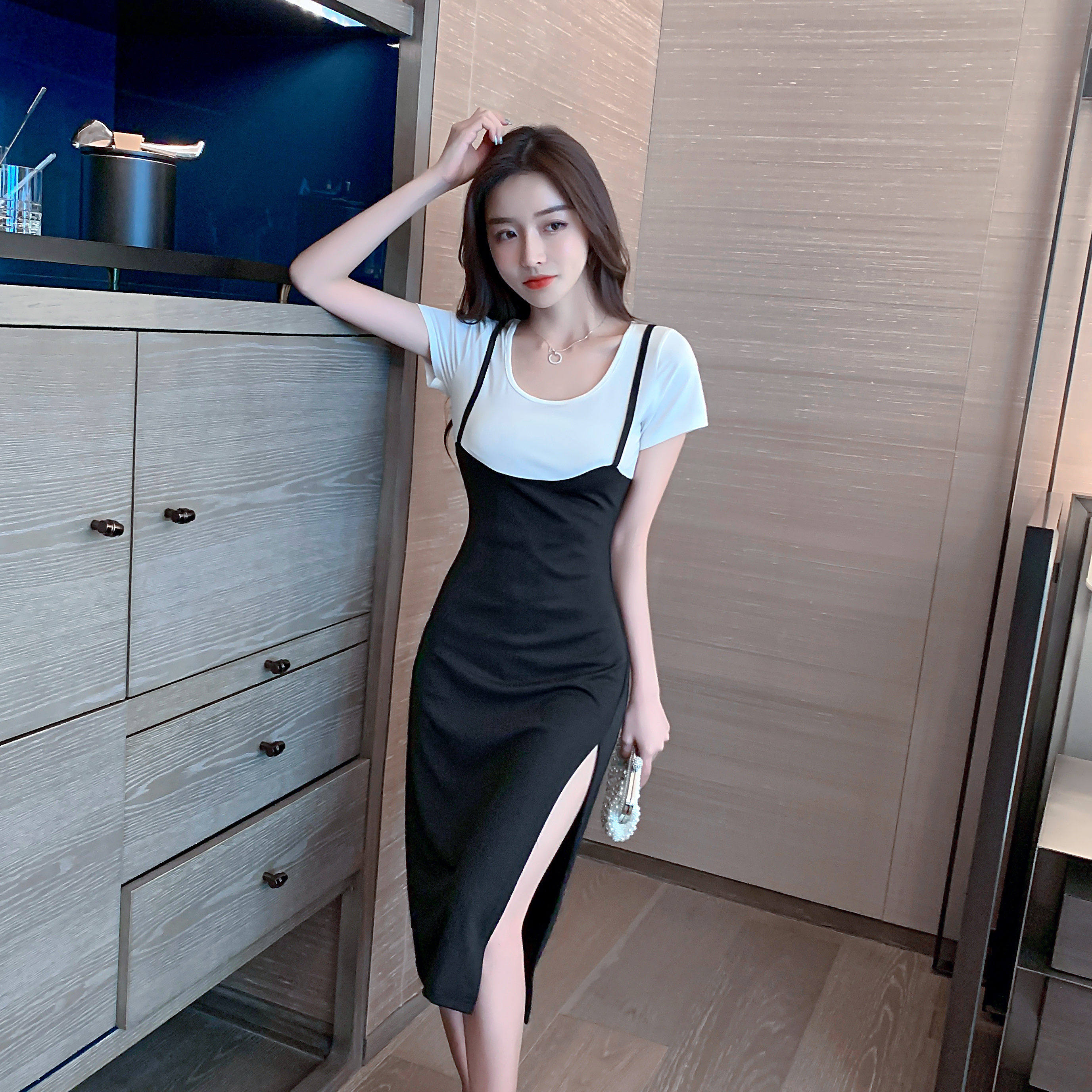 现货控2性感高开衩紧身假两件短袖连衣裙