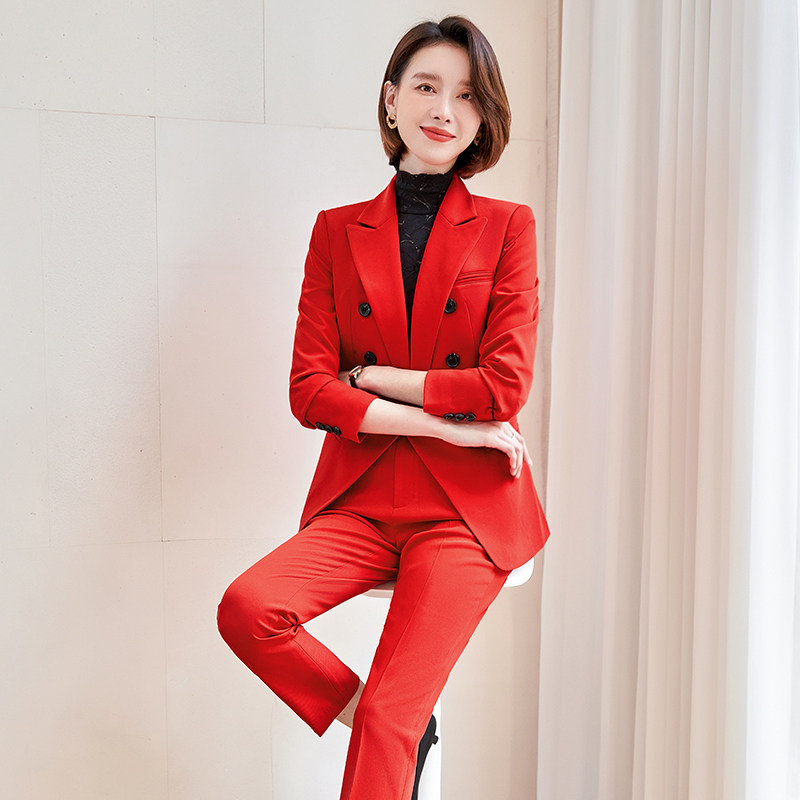 高级感时尚西装套装女秋冬2022女装新款红色本命年西服职业两件套
