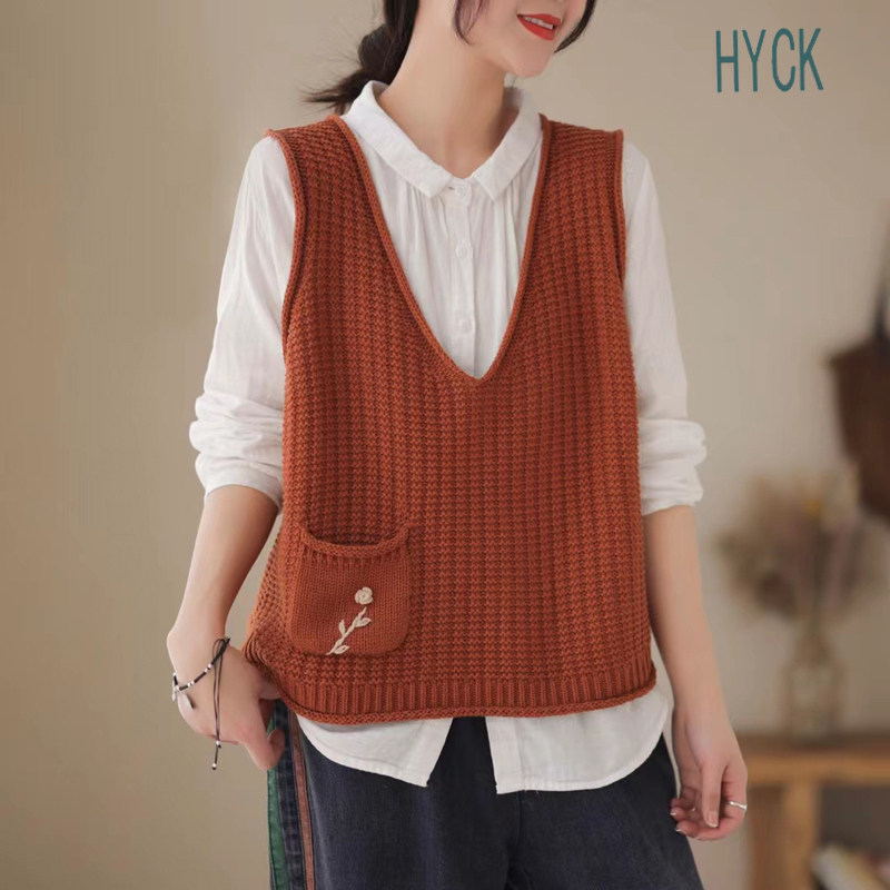 hyck原创女装文艺休闲风纯色v领马甲女常规针织衫毛线百搭坎肩